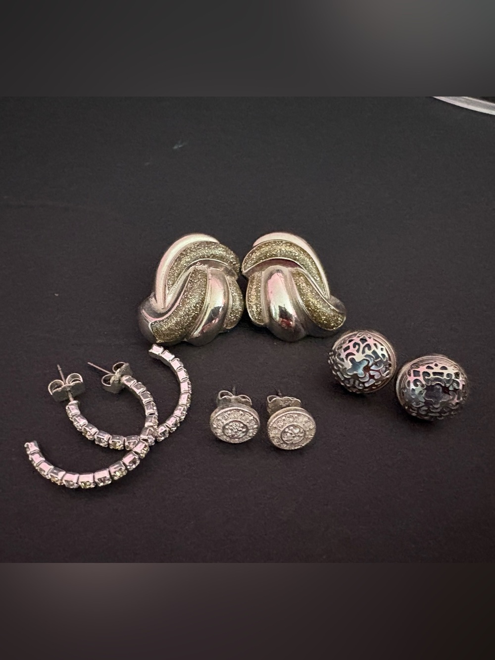 Stylish Silver - Tone & Rhinestone Pierced Earrings 4 Pairs Earrings